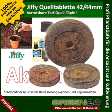 100 St. Jiffy® von GREEN24 Original Quell-Tabletten Torf-Quelltöpfe 44mm Aussaaterde Anzuchterde Torftablette mit Anleitung -