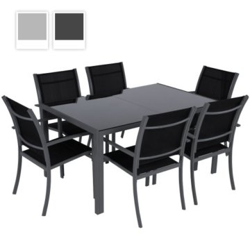7-teilige Gartengarnitur Alu Sitzgarnitur (Farbwahl) Sitzgruppe mit Glastisch, komfortable Aluminium Gartenmöbel in hellgrau oder dunkelgrau -