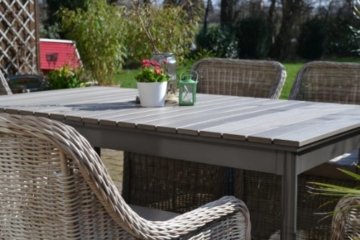 Gartenmöbel Set Como-6 Tisch ausziehbar Holzdekor mit 6 Sessel Rattan Polyrattan Geflecht - 