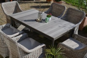 Gartenmöbel Set Como-6 Tisch ausziehbar Holzdekor mit 6 Sessel Rattan Polyrattan Geflecht -