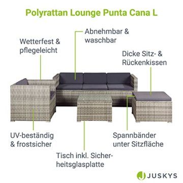 Juskys Polyrattan Lounge Punta Cana M grau-meliert — Gartenlounge Set für 3-4 Personen — Gartenmöbel-Set mit Sofa, Tisch und Hocker - Sitzbezüge in Dunkelgrau - 3