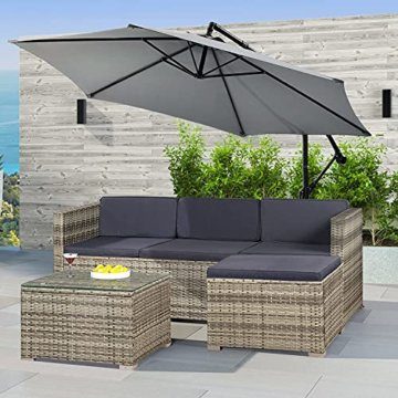 Juskys Polyrattan Lounge Punta Cana M grau-meliert — Gartenlounge Set für 3-4 Personen — Gartenmöbel-Set mit Sofa, Tisch und Hocker - Sitzbezüge in Dunkelgrau - 6