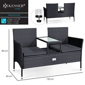 KESSER® Polyrattan Gartenbank 2-Sitzer Bank mit integriertem inkl. Tisch & Kissen - 133 × 63 × 84 cm - Rattan Sitzbank Garten Balkon Gartensofa wetterfest Sitzgruppe Ultra Stabile, Anthrazit - 7