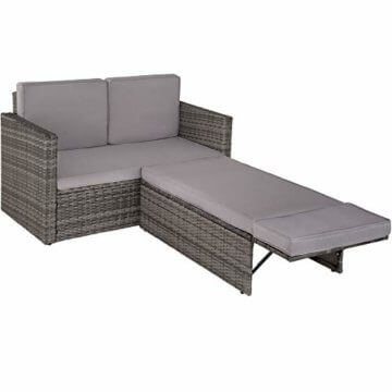 TecTake 800884 Poly Rattan Lounge Set, 2-Sitzer Sofa mit Rückenlehne, großer Hocker mit klappbarer Stütze, inkl. Dicke Auflagen, Gartenmöbel Set für Garten & Terrasse (Grau | Nr. 403884) - 3