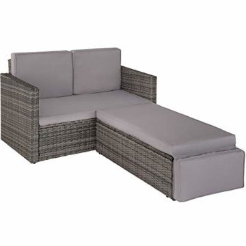 TecTake 800884 Poly Rattan Lounge Set, 2-Sitzer Sofa mit Rückenlehne, großer Hocker mit klappbarer Stütze, inkl. Dicke Auflagen, Gartenmöbel Set für Garten & Terrasse (Grau | Nr. 403884) - 9